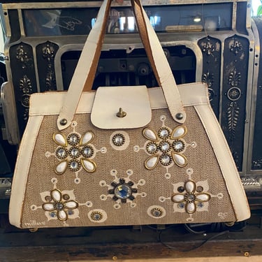 1970s jeweled handbag, enid collins, beige floral, mod style, collins of texas, milles fleurs, beaded bag, soft 