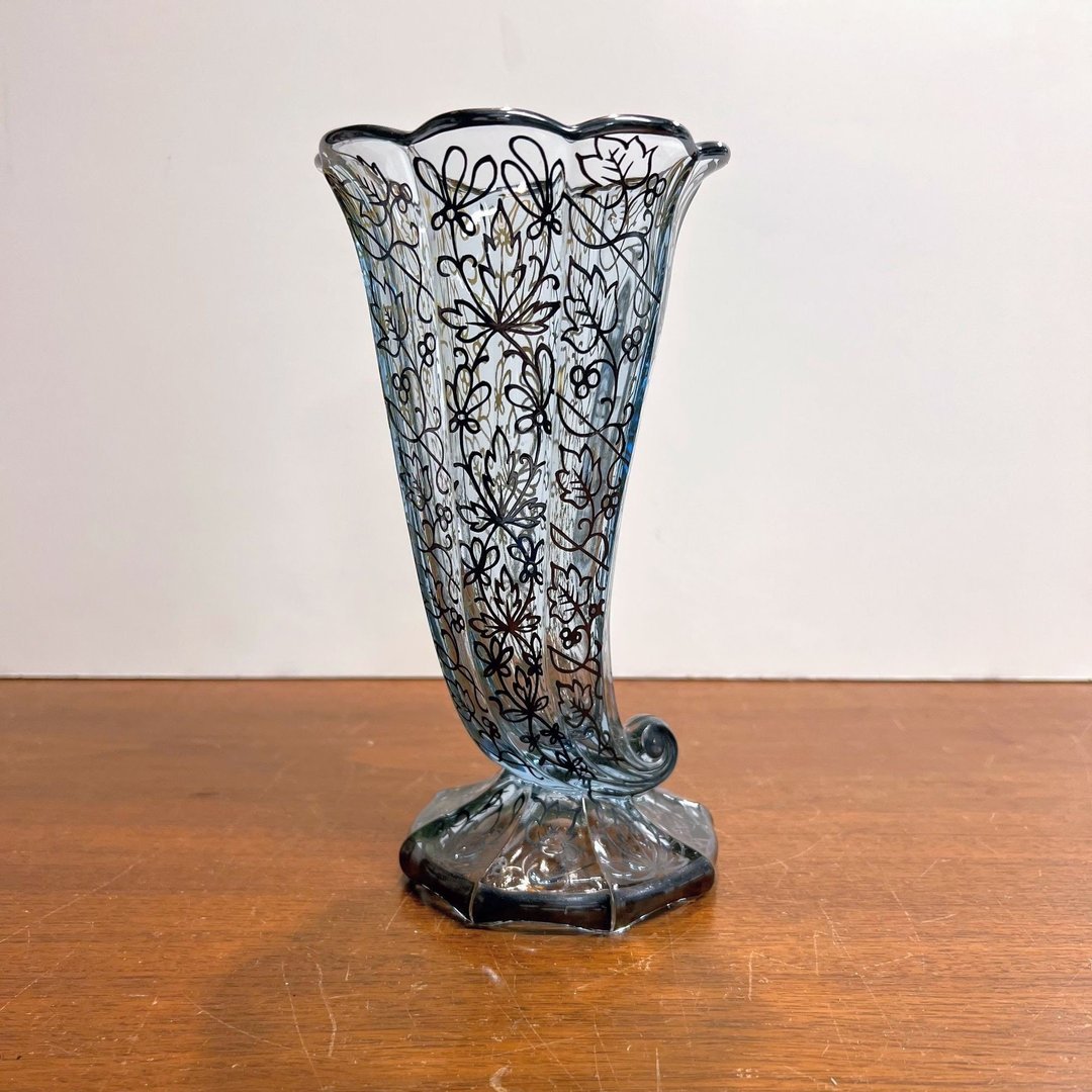Vintage Clear Glass Cornucopia Vase with Floral Silver Overlay Elegant
