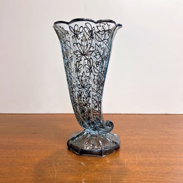 Vintage Clear Glass Cornucopia Vase with Floral Silver Overlay Elegant Glass 