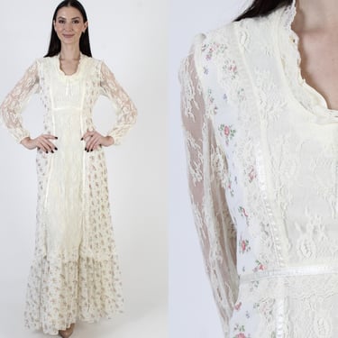 70s Bohemian PrairieCore Dress, Sheer Lace Sleeves, Rose Print Festival Maxi Gown 