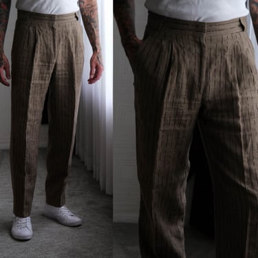 Vintage 80s GIANNI VERSACE Warm Tan Linen Charcoal Dash Stripe Pleated Tapered Leg Pants | Made in Italy | 1980s VERSACE Designer Slacks 