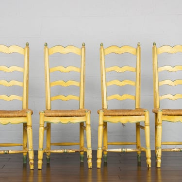 Antique Country French Provincial Ladder Back Painted in Yellow Rush Dining Chairs - Set of 4 