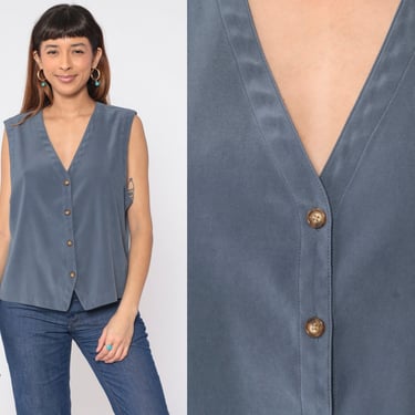 Slate Blue Vest Top Y2K Button up Tank Top Simple Basic Plain Minimalist Layering Sleeveless Shirt V Neck Blouse Preppy Vintage 00s Large L 