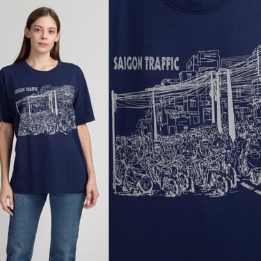 90s Vietnam "Saigon Traffic" Motorbike Tourist T Shirt - Extra Large | Vintage Navy Blue Graphic Travel Tee 