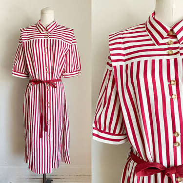 Vintage 1980s Red & White Striped Dress / XL 