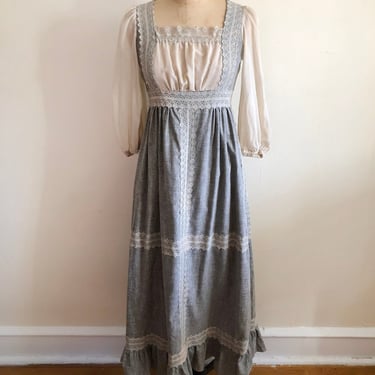 Gunne Sax Black Label Grey and Cream Lace Trimmed Maxi-Dress - 1970s 
