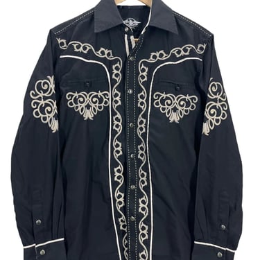 El General Black Embroidered Pearl Snap Western Rockabilly Shirt Small