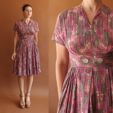 Vintage 50s Pink Painterly Short Sleeve Dress/ 1950s Full Skirt/ Size XS 