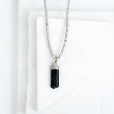 Silver Tone Trade Beads Short Necklace With Black Tourmaline Pendant