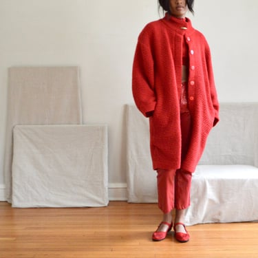 red wool ribbed cocoon sweater coat with funnel neck 