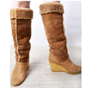 7W Cherokee Wedge Boots 1970's Leather Suede Sheep Fur, Vintage, Hippie, Boho, Brown, Knee High 