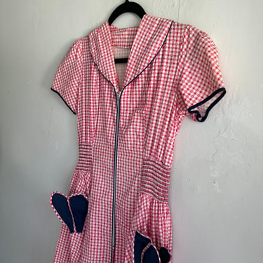 1940s Gingham Hostess Dressing Gown 34 Bust Vintage Zip Front 