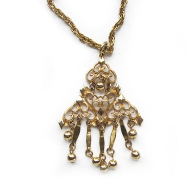 Vintage Statement Necklace, Gold Tone Filigree Pendant with Dangle Tassels, Pyramid Shaped Pendant, Dangle Jewelry, Disco Style 