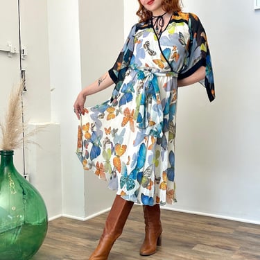 Vintage Y2K Dress / 2000s Diane Freis Butterfly Print Dress / White Black Blue ( M L ) 