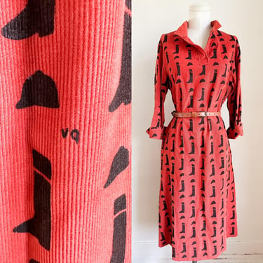 Vintage 1970s Vested Gentress Equestrian Novelty Print Corduroy Dress / L 