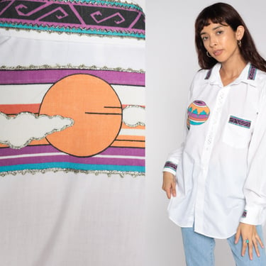 Southwestern Shirt 90s Sunset Shirt Native American Pottery Button Up Southwestern Shirt White Top Western 1990s Long Sleeve Men's Large 