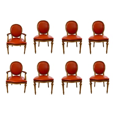 Vintage French Persimmon Leather Craved Dining Chair Set of 8
