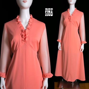 Fun Vintage 60s 70s Salmon Orange Colored Long Sleeve Maxi Dress with Sheer Sleeves & Ruffles 