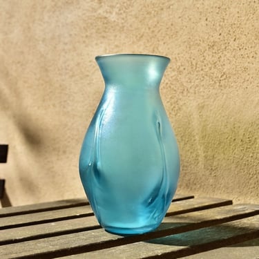 Vintage Signed Herb A. Thomas Iridescent Blue Art Glass Vase, Hand Blown Glass Vase, 8" H 