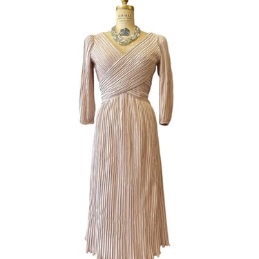 vintage 1980s beige silk Richilene cocktail dress, puff shoulders, accordion pleats 