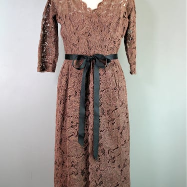 Guilty of a Good Time - Chocolate Brown Lace - Circa 1950-60 - Wiggle Dress - Bombshell - by Sophie of Saks Fifth Avenue - Estimated size M 