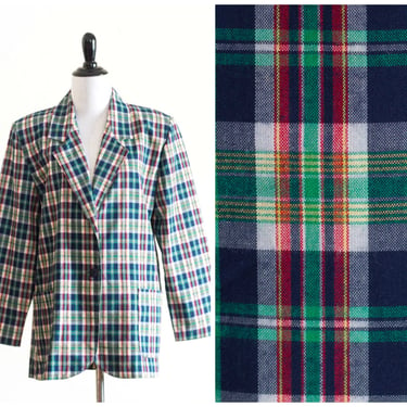 Vintage Blue and Green Plaid Blazer with Shoulder Pads 