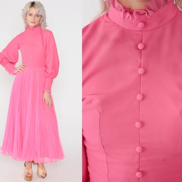 Hot Pink Dress 70s Maxi Dress Long Balloon Sleeve High Neck Ruffled Pleated Chiffon Prom Full Length Vintage 1970s Extra Small xs 