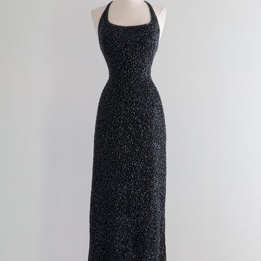 Vintage Black Beaded Evening Gown With Side Slit and Criss Cross Back / ML