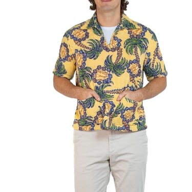 1950S Yellow Cotton Terry Cloth Men's Tropical Shirt 