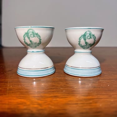 Antique Porcelain Egg Cups Green Blue and Gold Trim Green Floral Swag Design 