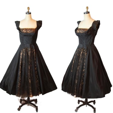 1950s Dress ~ Shelf Bust Nude Illusion Black Lace and Taffeta Full Skirt Dress 