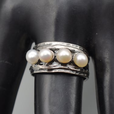 80's Avant Garde 925 silver pearls size 7.5 band, unusual open work oxidized sterling pearls ring 