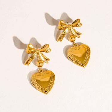 Keryn 18K Non-Tarnish Heart and Bow Locket Earring