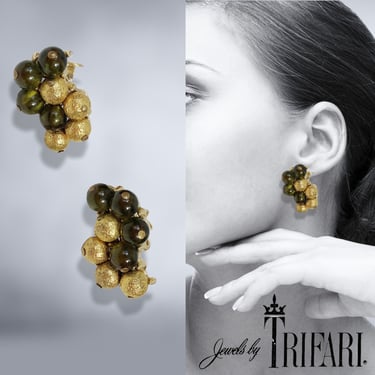 VINTAGE 40s 50s Gold and Green Bead Cluster Clip on Earrings by Crown Trifari | 1940s 1950s Designer Retro MCM Jewelry | VFG 