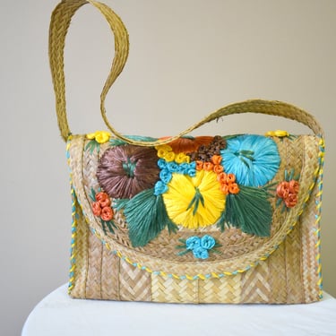 1970s Embroidered Raffia and Straw Shoulder Bag 
