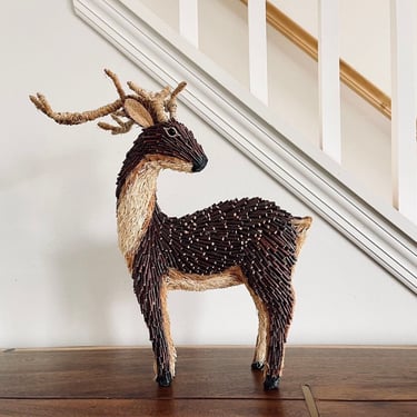 Vintage Tabletop Twig Deer | Straw Wood Rattan Fiber Seed Art | Rustic Deer with Antlers | Winter Decor Festive | Reindeer Centerpiece 