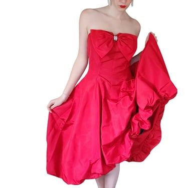 1980s Red Party Dress Strapless w/ Bubble Skirt & Bow by Climax 