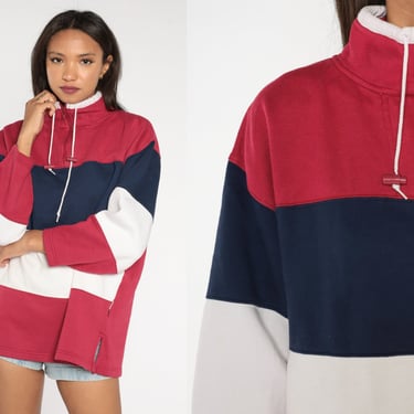 90s Color Block Sweatshirt FUNNEL NECK Quarter Zip Sweatshirt Drawstring Shirt Red Navy Blue Retro White 1980s Vintage Extra Large xl 