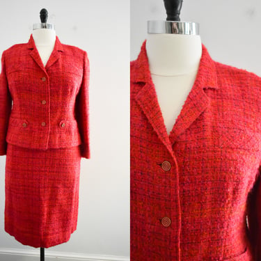 1950s/60s Tailorbrooke Red Wool Boucle Skirt Suit 