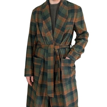 Vintage 1970s Pendleton Green Orange Plaid 100% Wool Long Robe Jacket Sz M 