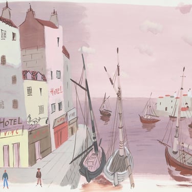 Charles Levier, French Hotels by the Harbor (Pink), Watercolor 