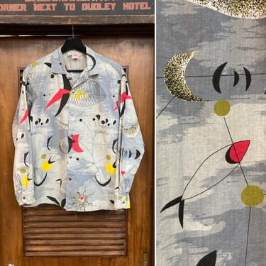 Vintage 1980’s 1950’s Style Calder Atomic Print Cotton Rockabilly Shirt, 80’s Loop Collar Shirt, Vintage Clothing 
