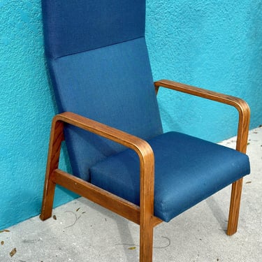 Mid Century Modern MCM Blue Arm Chair High Back Curved Bent Wood 