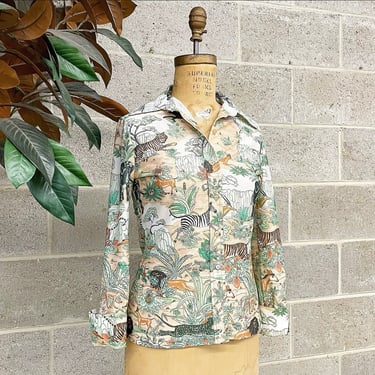 Vintage Buttondown Shirt Retro 1970s Jack Winter + Safari and Jungle Animals + Novelty Print + Polyester + Pointed Collar + Unisex Apparel 