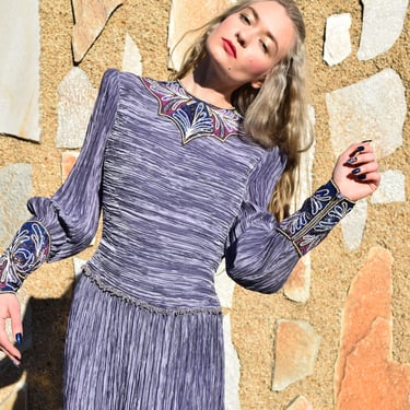 80s Mary McFadden Vintage Beaded Purple Dress Gown SZ M L Neiman Marcus 