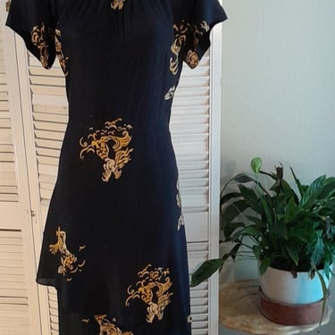 Lovely 30s/40s Vintage Navy Rayon Dress / Peplum / Wonderful Draping / Mermaid Print / Asymmetrical / Old Hollywood Glam / L 