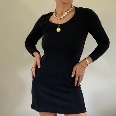 90s black t-shirt dress / vintage black minimalist capsule wardrobe V neck long sleeve tee t-shirt mini dress | Medium 