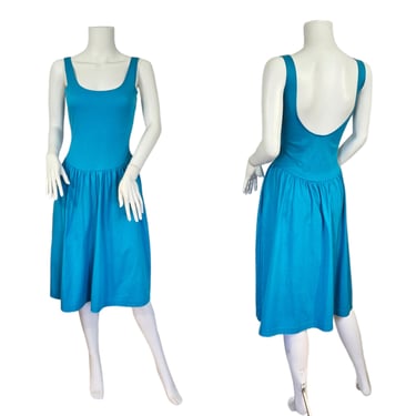 California Breeze 1980's Turquoise Blue Cotton Lycra Scoop Back Fit & Flair Sleeveless Dress I Sz Med 