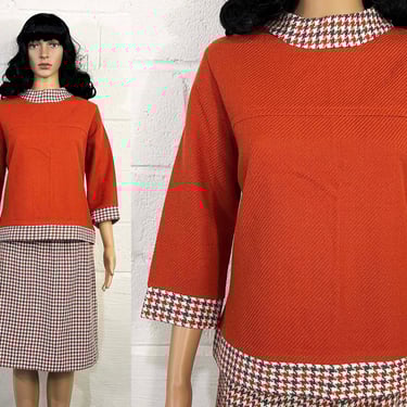 Vintage Mod Outfit 3/4 Sleeve Top Shirt Skirt Set Orange Gray Separates Mock Neck Houndstooth 1970s Beeline Fashions 70s Medium 
