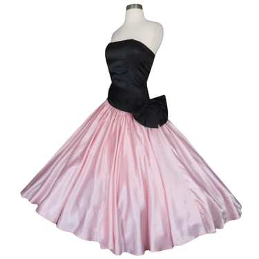 Vintage 80s Strapless Pink Black Prom Party Full Circle Skirt Prom Party Dress XS S Extra Small Light Ballet Bow Queen Gown Dance Costume 